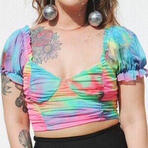 Painted Threads Colorful Tie-Dye Puff Sleeve Crop Top Size Small